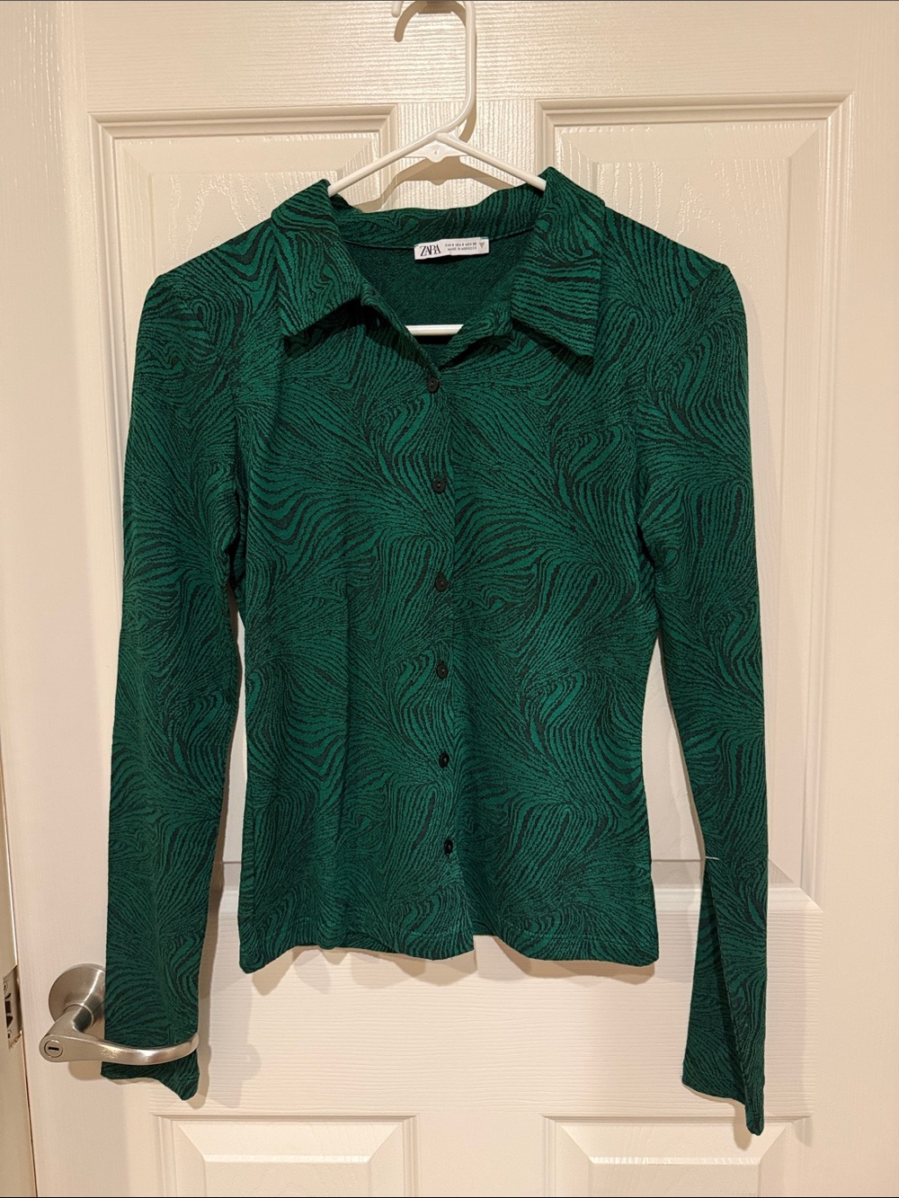 Zara Emerald Green Swirl-Print Button-Up Blouse